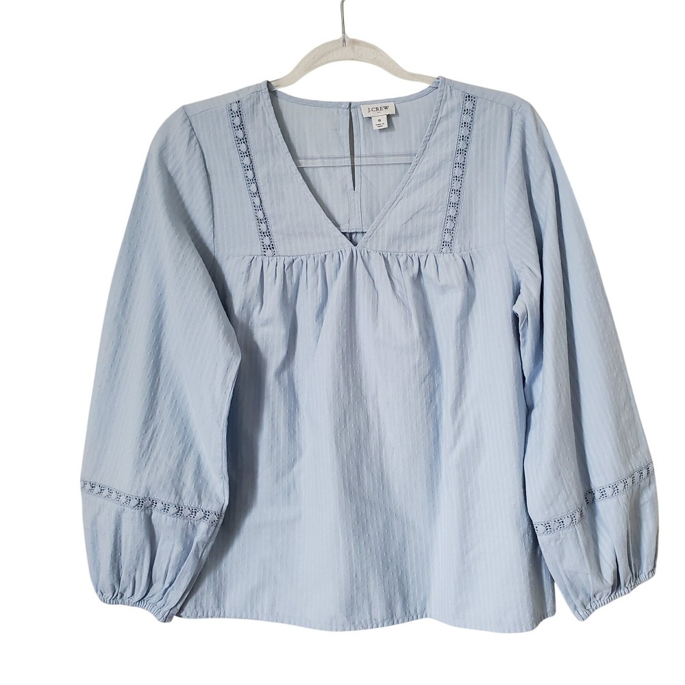 J. Crew Peasant Top Blue Long Sleeve Blousan Sleeve Embroidered Womens Small